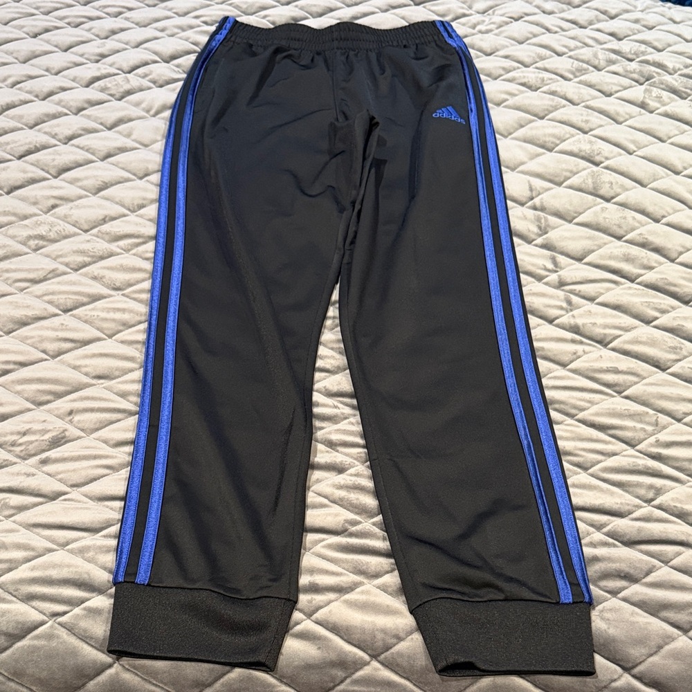 Adidas SZ L Boys Black Joggers with Blue Stripes